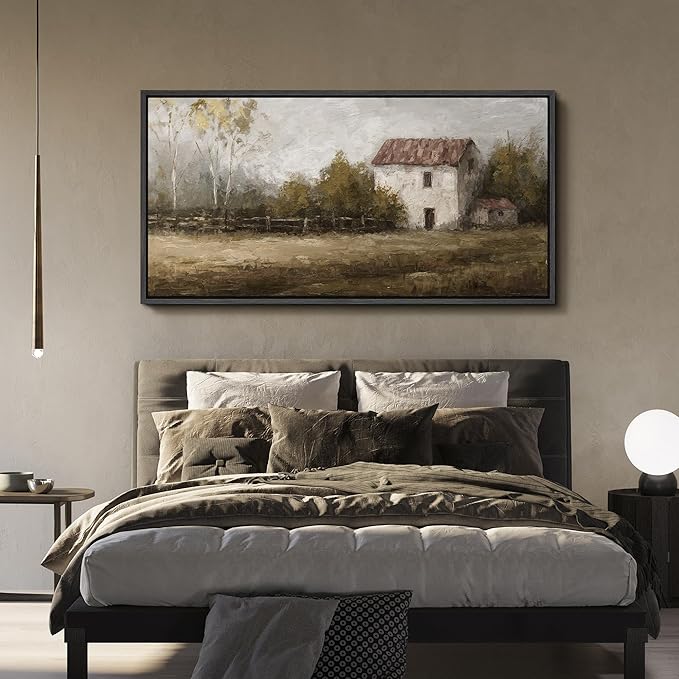 SIGNFORD Extra Large Framed Canvas Rustic Countryside House Landscape Illustrations Modern Art Calm Warm for Living Room, Bedroom, Office - 60"x30"