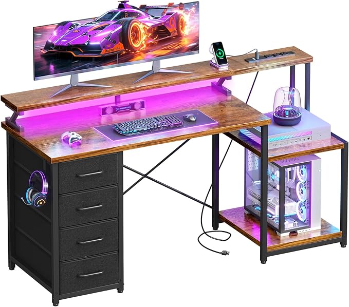 ODK 55 Inch Computer Desk with 4 Fabric Drawers & Power Outlets, Home Office Desk with Monitor Stand & Shelves, Brown