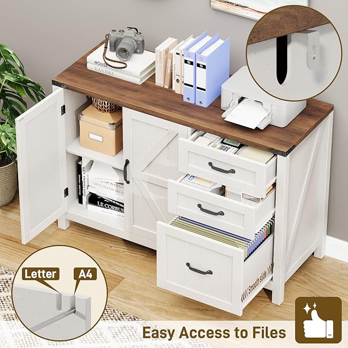 3 Drawer File Cabinet, Farmhouse Lateral Filing Cabinet with Doors for Letter/A4 Size Hanging Files, Large Wood Storage Cabinets Printer Stand with Adjustable Shelf for Home Office, White and Brown