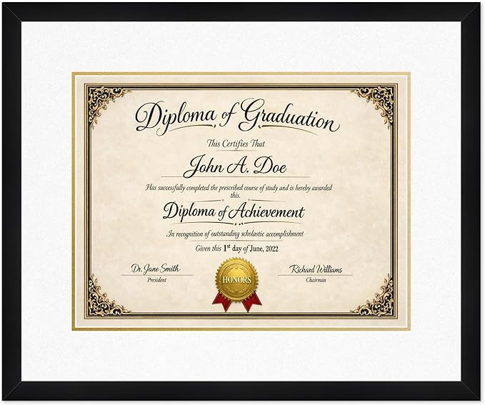 Diploma Frame Matte Black with Oyster Shell Over Gold Double Mat - Fits 17 x 13 International Diploma Wall Display Made in the USA