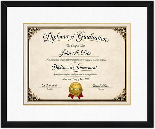 Diploma Frame Matte Black with Oyster Shell Over Gold Double Mat - Fits 17 x 13 International Diploma Wall Display Made in the USA