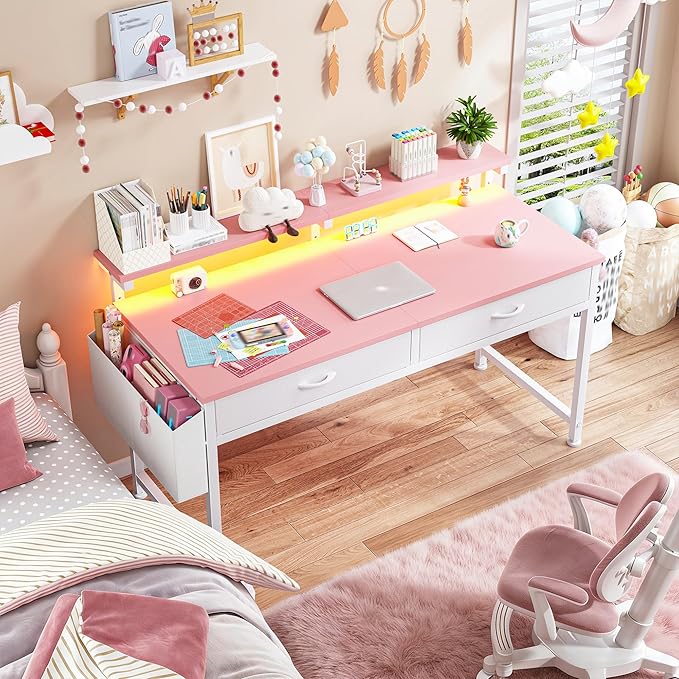 47.3 Inch Office Computer Desk with LED Lights & 2 Fabric Drawers, Gaming Desk with Side Pocket & Ergonomic Monitor Stand, Small Space Study Writing Table with Anti-Tip Design,Pink