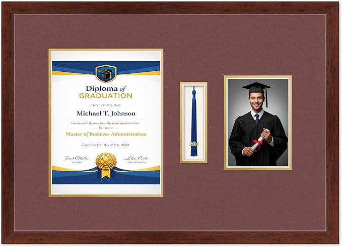 Diploma Tassel and Photo Frame Rustic Walnut Shadowbox Dark Red Over Gold Mat - Fits 8.5 x 11 Degree Picture Made in the USA