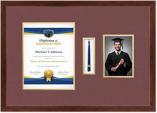 Diploma Tassel and Photo Frame Rustic Walnut Shadowbox Dark Red Over Gold Mat - Fits 8.5 x 11 Degree Picture Made in the USA