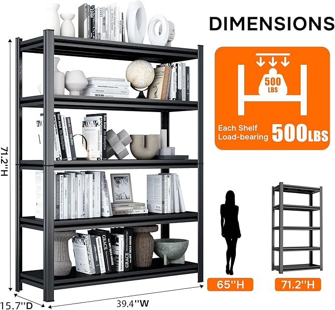 Book Shelf, Metal Bookshelves, Heavy Duty Steel Bookcases, Large Storage Capacity Adjustable Tall Industrial Bookshelf for Living Room, Bedroom and Library, Black (5-Tier 71''Hx39''Wx16''D)