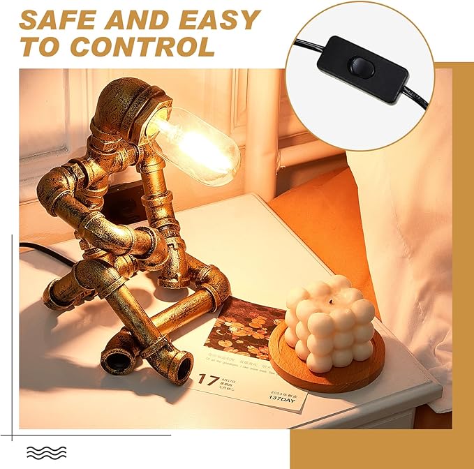 VIHOSE Steampunk Table Lamp, Creative Pipe Robot Lamp, Vintage Industrial Water Pipe Light for Bedside Nightstand Reading Room Office Cafe Bar Decor Father's Day Men Gifts