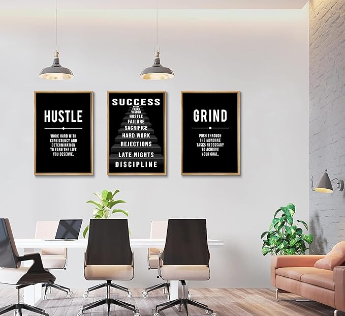 3Pcs Black and White Inspirational Phrases Wall Art Stairway to Success Canvas Posters Prints Never Give Up Pictures Paintings Office Wall Decor for Home Gym Workplace Unframed
