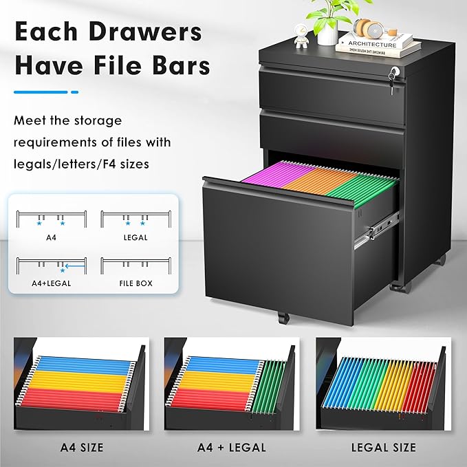 Greenvelly Mobile File Cabinet, 3 Drawer Metal Filing Cabinet on Wheels, Under Desk File Cabinet for Home Office Organizer Letter/Legal/A4 File (Requires Assembly-Black)