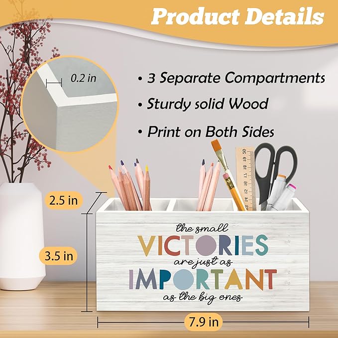 Boho Inspirational Pen Holder Organizer for Desk Accessories, the Small Victories Are Just As Important As the Big Ones Motivational Wooden Box Sign Desk Decorations for Home Office Decor