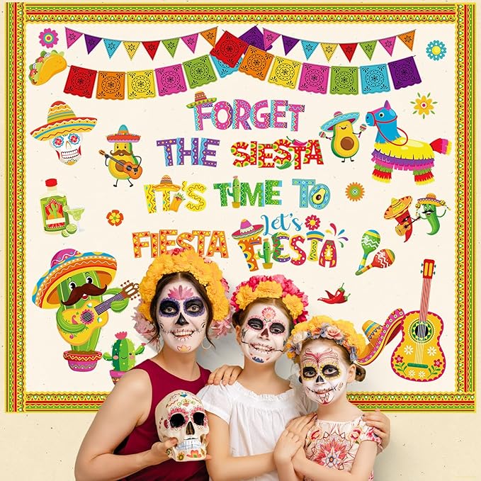 16 Sets Mexican Fiesta Bulletin Board Decoration Cinco De Mayo Cutouts Cactus Taco Mexican Fiesta Classroom Bulletin Board Cutouts Set with Adhesive Dots for Cinco De Mayo Class Home Decor