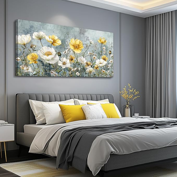 QIYILEXWART Canvas Wall Art For Living Room Large Wall Decor For Office Bedroom Decorations Yellow White Flowers Landscape Pictures Farmhouse Painting Artwork Room Wall Mural Aesthetic Home Decor 30x60 In