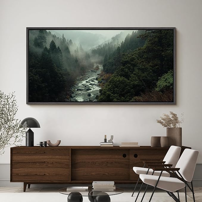 SIGNFORD Extra Large Framed Canvas Misty Forest River Landscape Nature Photography Illustrations Modern Art Calm Warm for Living Room, Bedroom, Office - 60"x30"