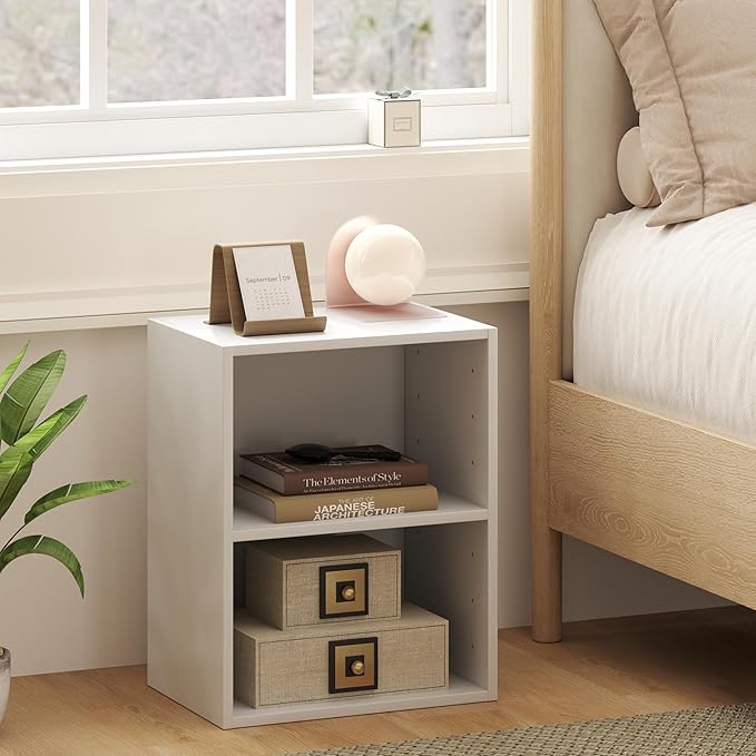 Tangkula 2-Tier Bookshelf, Open Shelf Bookcase with 7-Position Adjustable Shelf, Multifunctional Wooden Cubby Storage Display Shelf for Home Office Study Living Room (White, 2)