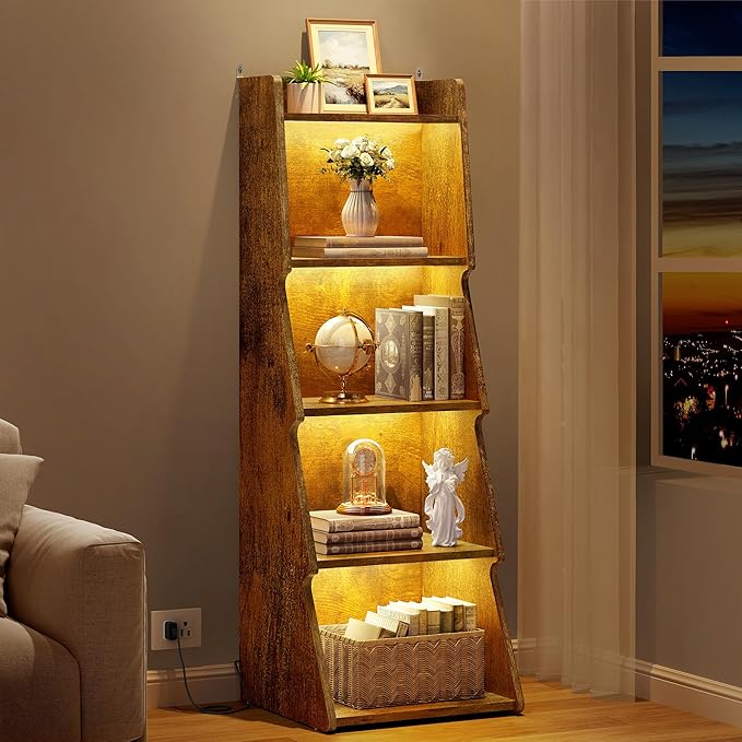 Hoctieon 5-Tier Open Bookcase and Bookshelf with LED Light, Floor Standing Display Storage Shelves, Wood Modern Display Organizer for Home Office, Living Room, Bedroom, Study, Rustic Brown