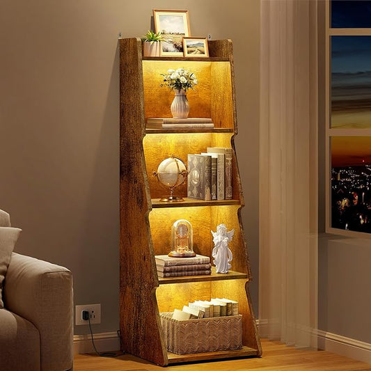 Hoctieon 5-Tier Open Bookcase and Bookshelf with LED Light, Floor Standing Display Storage Shelves, Wood Modern Display Organizer for Home Office, Living Room, Bedroom, Study, Rustic Brown
