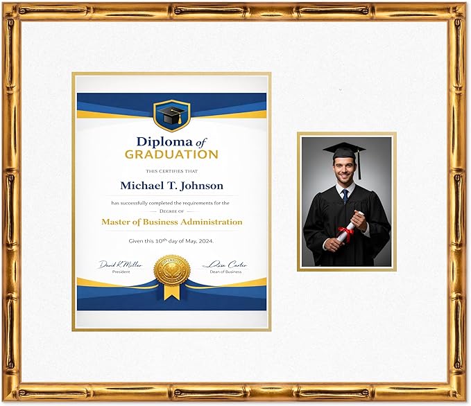 Diploma Frame With Photo Opening Gold Bamboo Oyster Shell Over Gold Mat - Fits 10 x 13 Degree and Picture Made in the USA