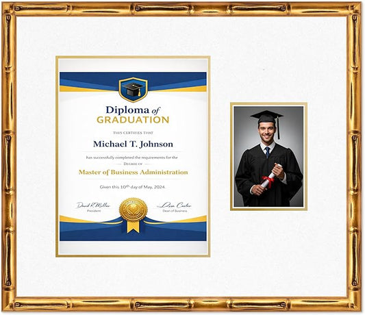 Diploma Frame With Photo Opening Gold Bamboo Oyster Shell Over Gold Mat - Fits 10 x 13 Degree and Picture Made in the USA