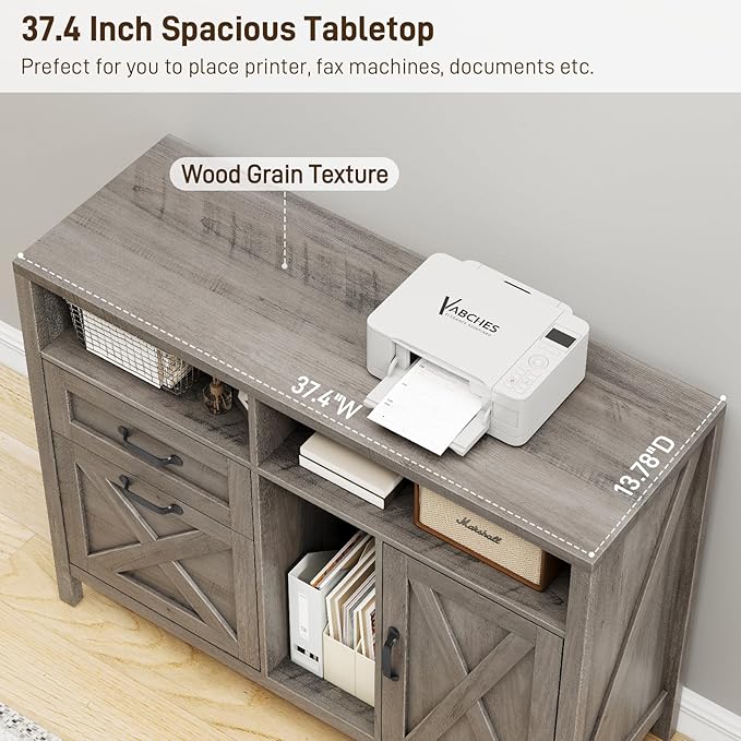 Farmhouse File Cabinet with Doors, Lateral Filing Cabinet with 2 Drawers for Letter/A4 Size Hanging Files, Large Wooden Printer Stand with Open Shelf for Home Office, Rustic Grey