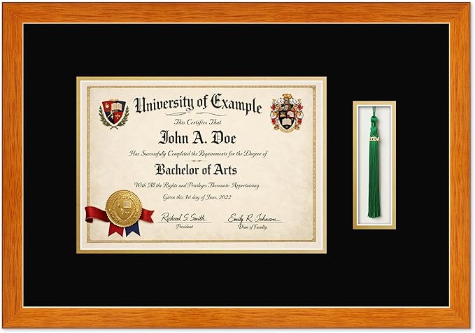 CountryArtHouse Diploma and Tassel Frame Fits 11.69 x 8.27 A4 Certificate with Tassel Hook Honey Oak Genuine Hardwood Shadowbox with Black Over Metallic Gold Double mat