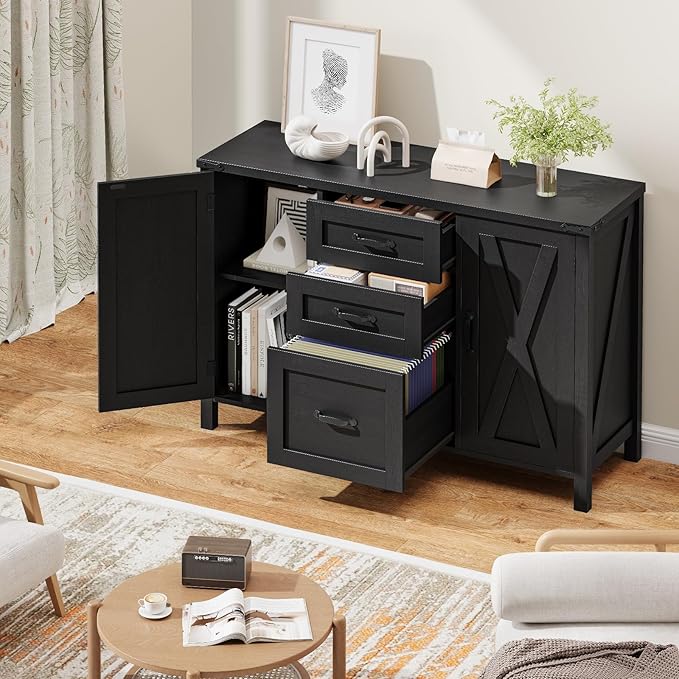 3 Drawer File Cabinet, Farmhouse Lateral Filing Cabinet with Doors Fits Letter or A4 Size, Wooden Printer Stand with Open Storage Adjustable Shelf for Home Office, Rustic Black