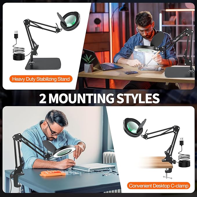 KimFilter 10X Magnifying Glass with Light and Stand | Dust Cover Design, 5 Color Temp Modes Dimmable LED Magnifying Lamp with Swing Arm | Hands Free Desk Magnifying Light for Crafts, Read & Close Work