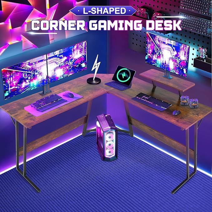 NChanmar L Shaped Gaming Desk with Monitor Riser Stand, Home Office Corner Desk for Studying, Working and Gaming, Large Desktop, Brown