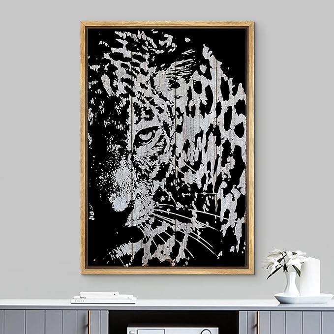 IDEA4WALL Framed Canvas Print Wall Art Grayscale Spotted Leopard on Light Wood Panels Animals WildLife Illustrations Modern Art Tropical Portrait for Living Room, Bedroom, Office - 16"x24" NATURAL
