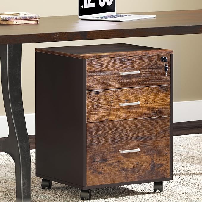 SogesGame 3 Drawer File Cabinet with Lock, Office Storage File Cabinet on Wheels, Mobile Under Desk File Cabinets for Home Office Fits Letter/Legal/A4 Size, Retro