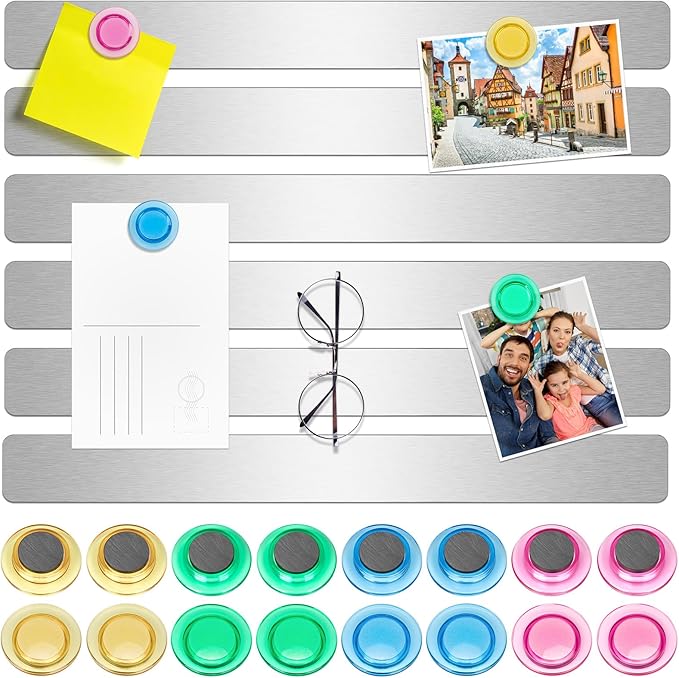 Wukong 6 Pack | 30x3cm(11.81 x 1.18) Magnetic Stainless Silver Boards Strips, Adhesive Backing Bulletin Bar Board, Memo Board with 16Pcs Colorful Magnets for Office, Home, Photo Wall, Documents