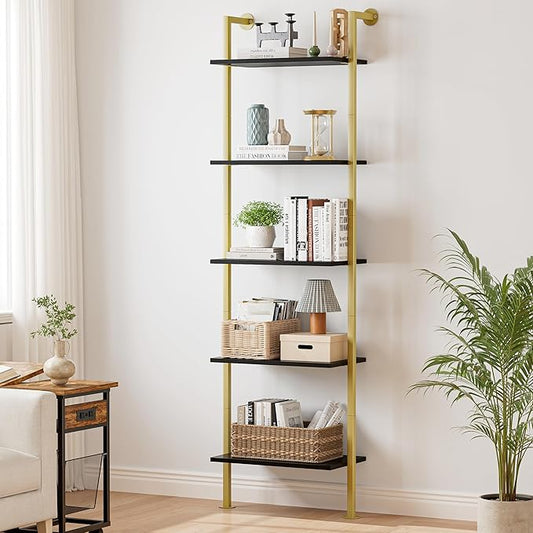 5-Tier Bookshelf Solid Wood Ladder Shelf, Narrow Book Shelf Display Shelf, Wooden Bookcase, Wall Mount Ladder Shelf, Storage Rack for Living Room, Bedroom, Industrial Style, Black&Gold