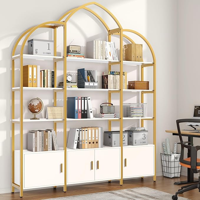 86" Gold Bookshelf, Triple Wide 5 Tier Arched Bookshelves & Bookcases with Storage, Large Modern Metal Book Shelf Stand for Bedroom/Living Room/Office Display Shelves, White & Gold