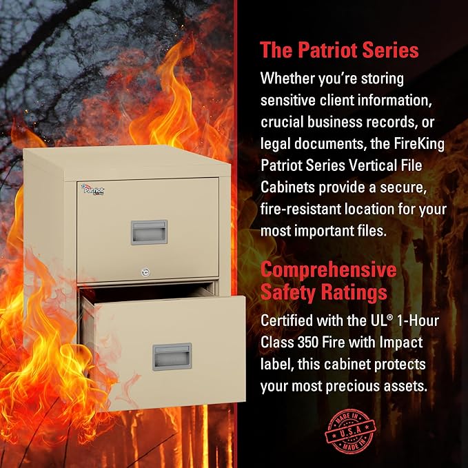 FireKing Patriot 2P1831-CPA Insulated UL Class 350 one-Hour Fire Rated Vertical Filing Cabinet with 2 Drawers, Deep Letter Size, 31-9/16" Length x 17-3/4" Width x 27-3/4" Height, Parchment
