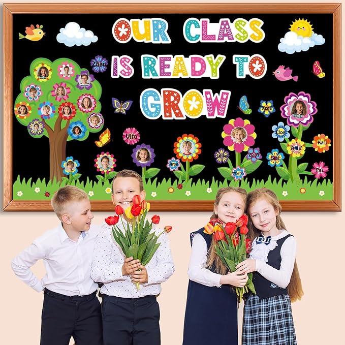 gisgfim Spring Bulletin Board Set Our Class is Ready to Grow Classroom Decorations Flower Butterfly Motivational Paper Cutouts for Spring Classroom School Chalkboard Door Wall Decor