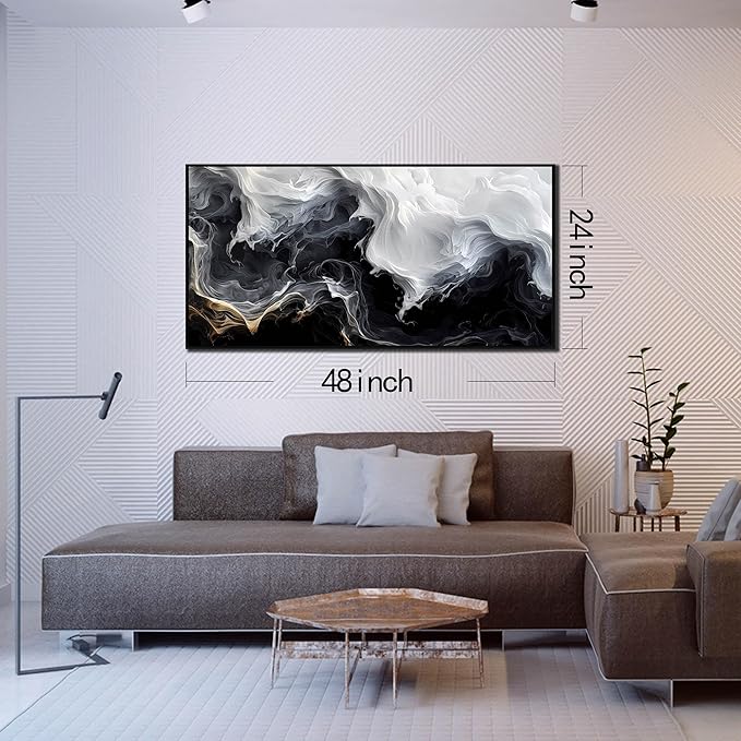 AOZEMI White Wall Art Black Pictures Art Abstract Wall Decor for Bedroom Office Modern Foggy Artwork 24"x 48"