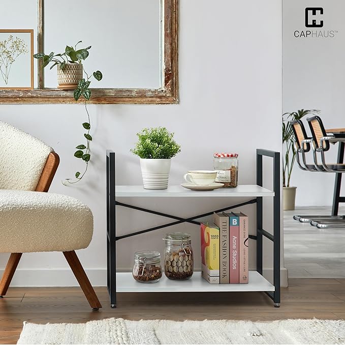 CAPHAUS 2 Tier Small Bookshelf, Bookcase Shelf Storage Organizer for Living Room, 24 Inch Width Free Standing Shelf, Industrial Book Shelves for Home Office, White Shelves & Metal Frame
