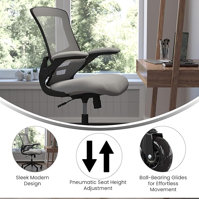 Flash Furniture Kelista Mid-Back Dark Gray Mesh Swivel Ergonomic Task Office Chair with Flip-Up Arms and Transparent Roller Wheels