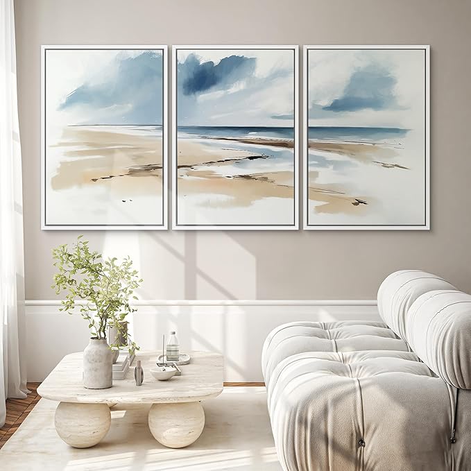 SIGNWIN Framed Canvas Print Wall Art Set Coastal Beach Horizon Blue and Tan Seascape Illustrations Modern Art Decorative Boho Relax/Zen Nordic for Living Room, Bedroom, Office - 24"x36"x3 White