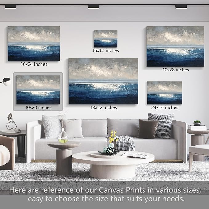 gaosoul Modern Blue Abstract Canvas Wall Art Hand Painted Oil Seascape Prints with Gradient Ocean Blues Misty Gray Sky Gallery Wrapped Wall Decor for Living Room Bedroom Office Framed 30x20in