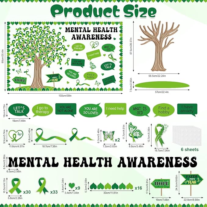 Mental Health Awareness Bulletin Board Set Positive Sayings Therapy Classroom Decorations Green Ribbon Mental Health Paper Cutouts for Motivational Inspirational School Wall Decor Teacher Supplies