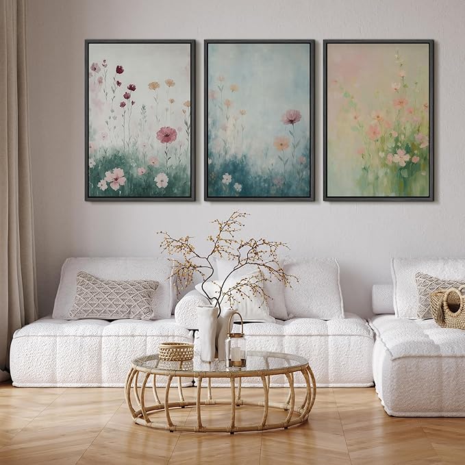 SIGNFORD Framed Wall Art Print Set Pastel Wildflower Meadow Soft Botanical Digital Art Modern Art Contemporary for Living Room, Bedroom, Office - 24"x36"x3 BLACK