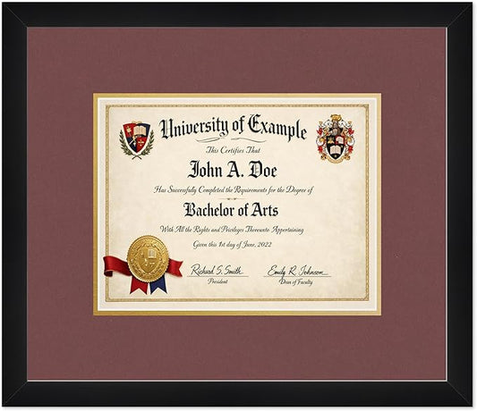 CountryArtHouse Diploma Frame Fits 11 x 8.5 US Letter Certificate - Keepsake Graduation Display Matte Black Genuine Hardwood with Dark Red Over Metallic Gold Double mat