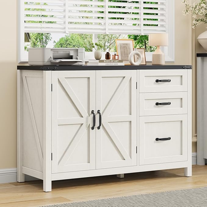 3 Drawer File Cabinet, Farmhouse Lateral Filing Cabinet with Doors for Letter/A4 Size Hanging Files, Large Wood Storage Cabinets Printer Stand with Adjustable Shelf for Home Office, White and Black