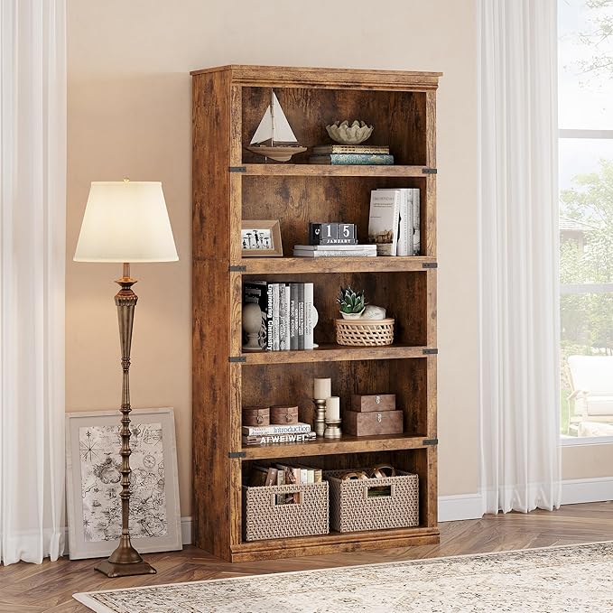 GAOMON 5 Tier Bookcase, Farmhouse Book Shelf with Storage Open Display Bookshelves,67.4" Tall Book Case Wooden for Home Office, Living Room, Bed Room (Brown, 67.4" H x 31.5" W x 12.8" D)