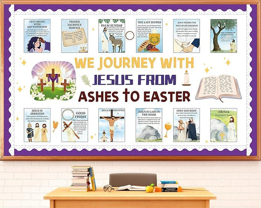 Easter Bulletin Board Decoration Set Jesus Resurrection Journey Posters from Ashes to Easter Classroom Decorations Holy Week Events Paper Cutouts for Kids Christian Chalkboard Wall Door Decor