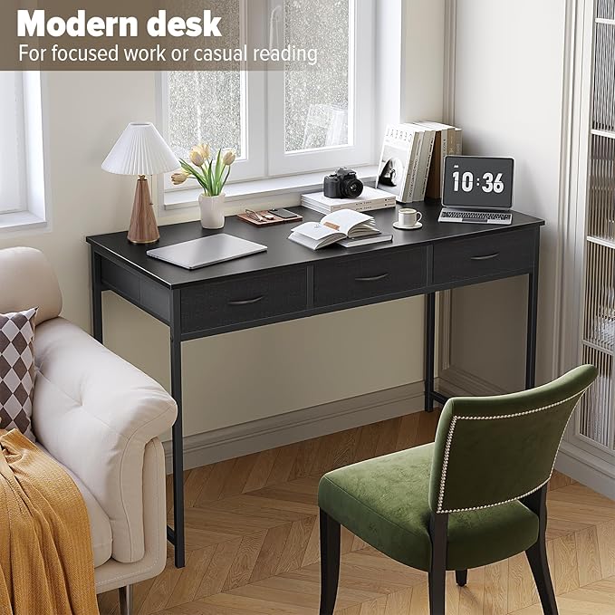 WOHOMO Computer Desk with 3 Drawers, 47.2 Inch Small Vanity Desk with Storage, Home Office Bedroom Desk for Small Spaces, Modern Work Writing Study Gaming Tables, Black