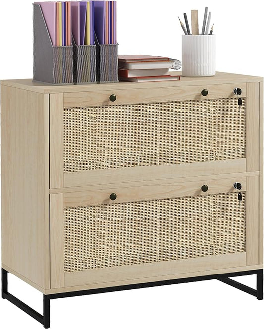 2 Drawer File Cabinet with Lock and 2 Keys,Natural Vertical Filing Cabinet with Adjustable Hanging Bar,Rattan Panels File Organizer for Home Office
