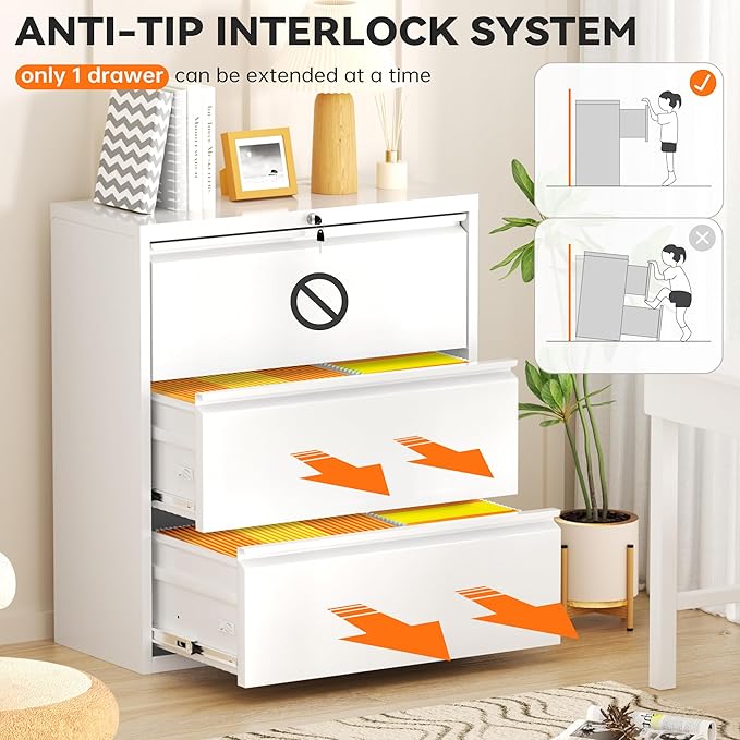 INTERGREAT 3 Drawer File Cabinet, Metal Lateral Filing Cabinet for Home Office, Locking Horizontal File Cabinets for Hanging Files Letter/Legal/F4/A4 (White)