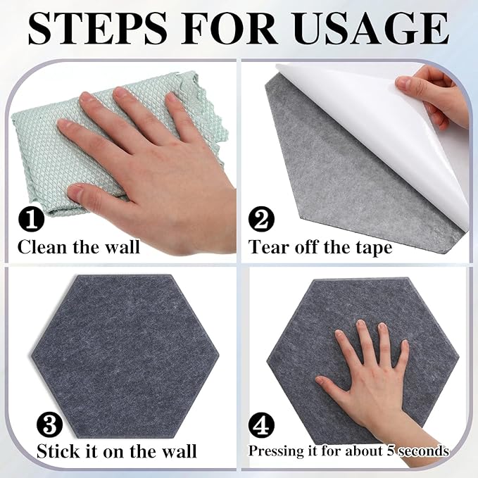 8 Pcs 12" Large Hexagon Felt Cork Bulletin Board Tiles Self Adhesive DIY Pin Board with 50 Push Pins and 10 Colored Clips, Wall Decor for Office Home Kitchen Photos Memos(Black White)