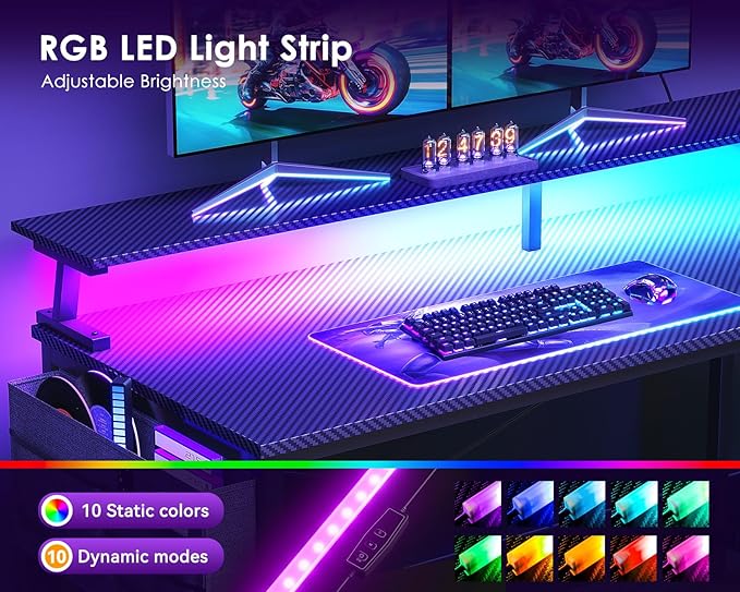 ODK 48 Inch Gaming Desk with USB Charging Ports and LED Lights, Reversible L Shaped Computer Desk with Storage Shelves & Monitor Stand, Corner Gamer Desk Table with Power Outlets, Black