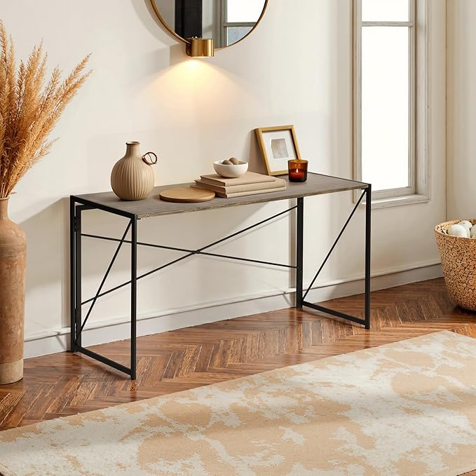 Homy Casa 55.1 Inch Foldable Laptop Desk, Space-Saving Computer Table with No Assembly Required, Sturdy Metal Frame, Minimalist Design for Home Office, Study, or Small Spaces, Vintage Brown